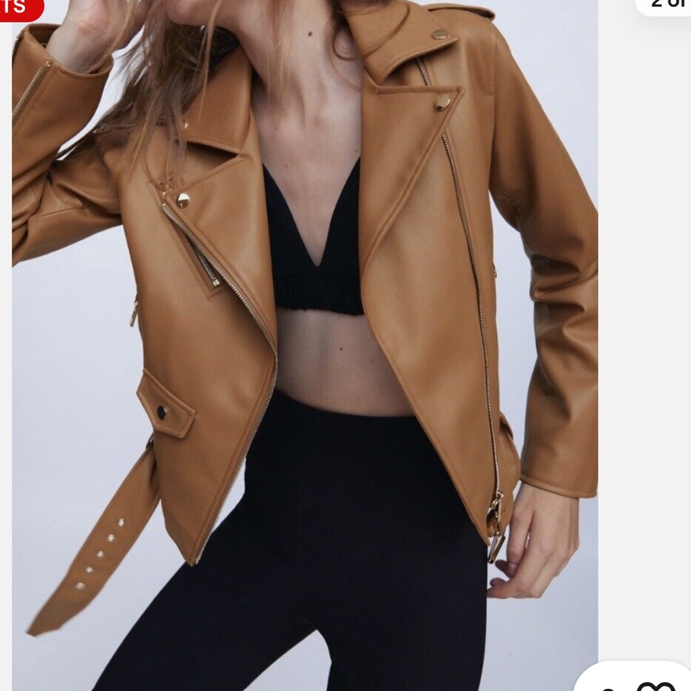 Zara Women Faux Leather Biker Jacket Light Camel 3046/029